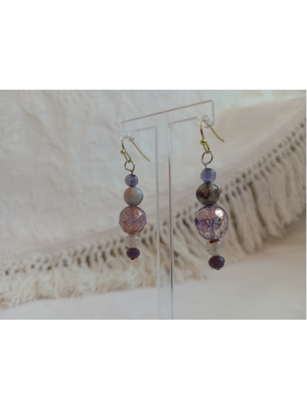 Hand Crafted purple crystal Beaded Dangle Earrings colorful sparkly boho drop - Picture 4 of 5